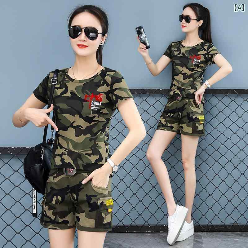 迷彩 カモ柄 パンツ 夏用 迷彩 スーツ レディース 半袖 Tシャツ スリムフィット ファッション トップス アウトドア レジャー セーラー ダンス