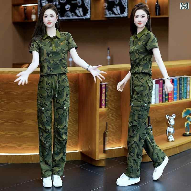 迷彩 カモ柄 パンツ 迷彩 スーツ レディース 半袖 夏 ゆったり スリム 大きいサイズ スクエア セーラー ダンス パフォーマンス 服 カジュアル ワークウェ...