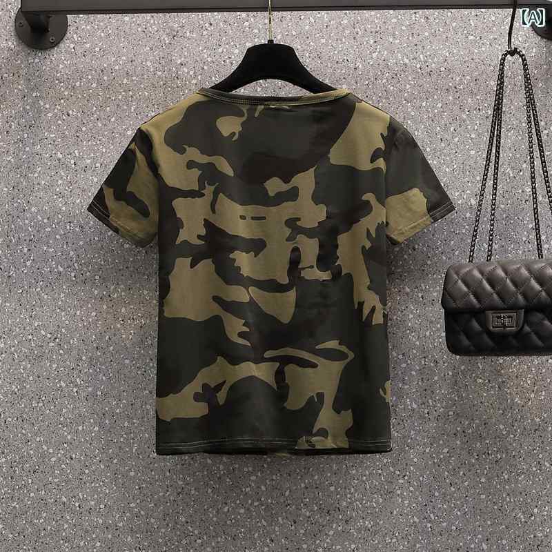 迷彩 カモ柄 パンツ 春 アーミーグリーン 半袖 レディース 大きいサイズ ミリタリー トレーニング 伸縮性 カジュアル 肉 感 カバー Tシャツ ラウンドネッ...