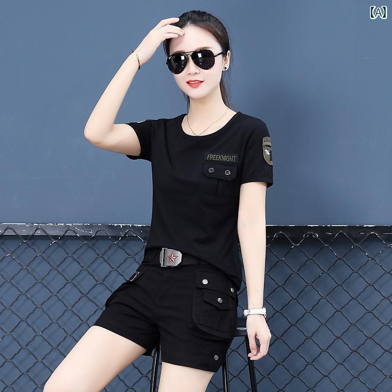 迷彩 カモ柄 パンツ 迷彩 スーツ レディース 夏 2024 ファッション ラウンドネック 半袖 Tシャツ カジュアル ワークウェア ショート パンツ ミリタリ...