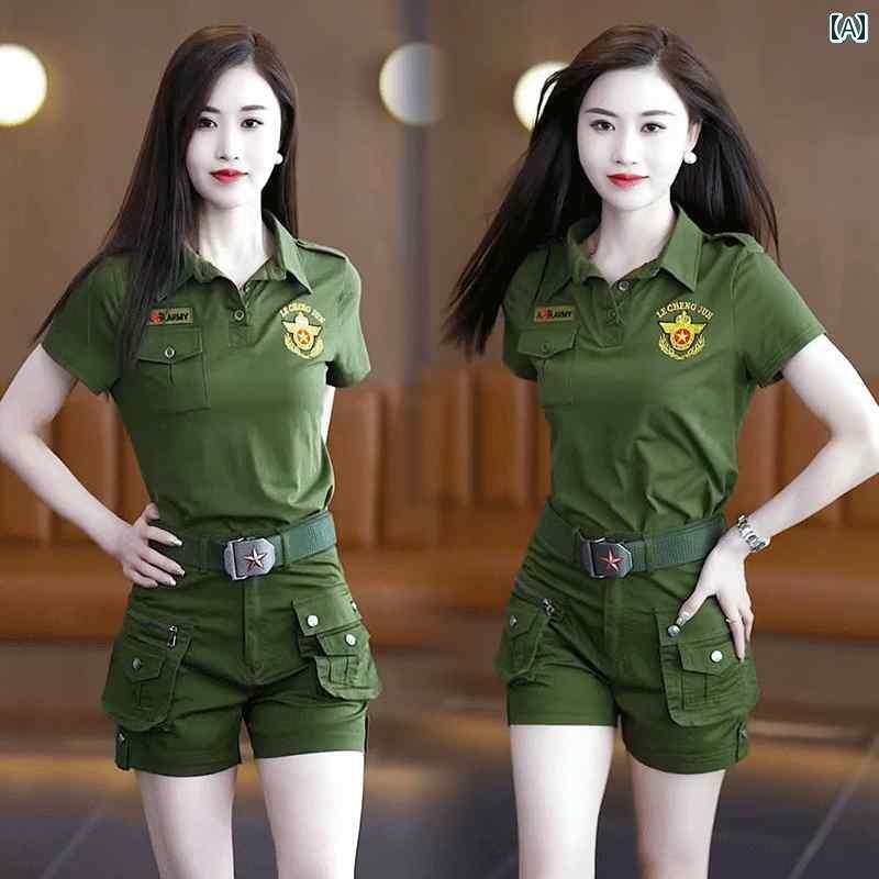 迷彩 カモ柄 パンツ 夏の 迷彩 服 レディース 半袖 Tシャツ スーツ アウトドア レジャー スリム マルチ ポケット ショート パンツ ワークウェア ツーピ...