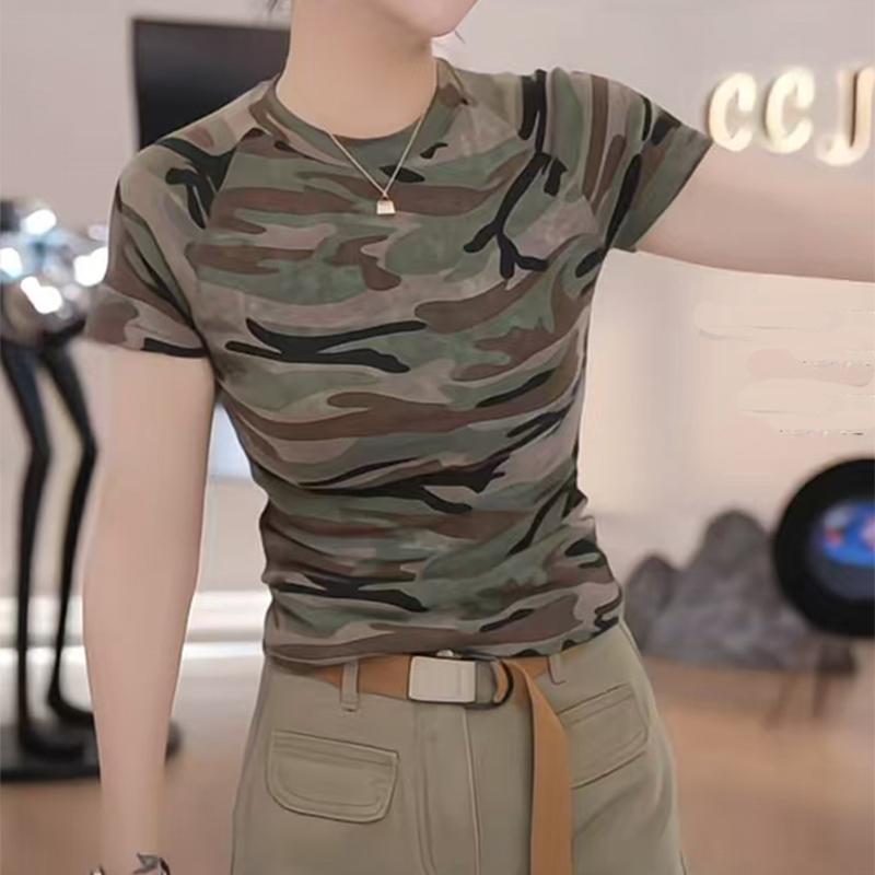迷彩 カモ柄 パンツ 韓国 レトロ 迷彩 半袖 Tシャツ レディース 2025夏 ファッション スリムフィット トップス シャツ