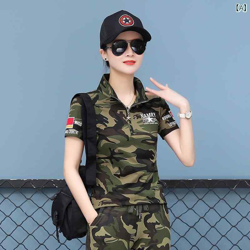 迷彩 カモ柄 パンツ 2025夏 セーラー ダンス パフォーマンス 迷彩 ユニフォーム 半袖 Tシャツ レディース スリムフィット 綿 カジュアル トップス