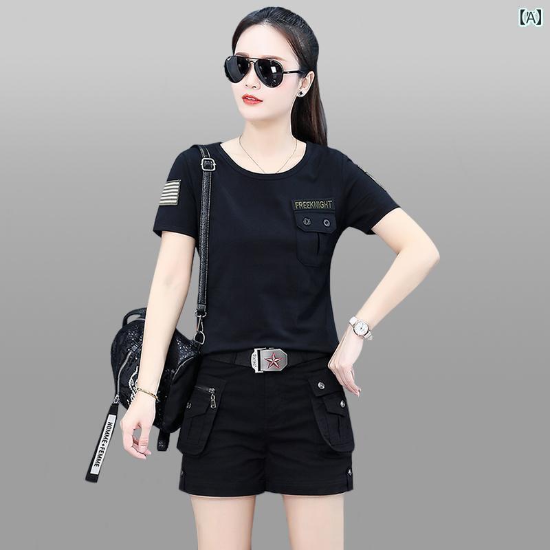 迷彩 カモ柄 パンツ 迷彩 スポーツ スーツ レディース 夏 綿 半袖 Tシャツ カジュアル ショート パンツ アウトドア ランニングな セーラー ダンス スタ...