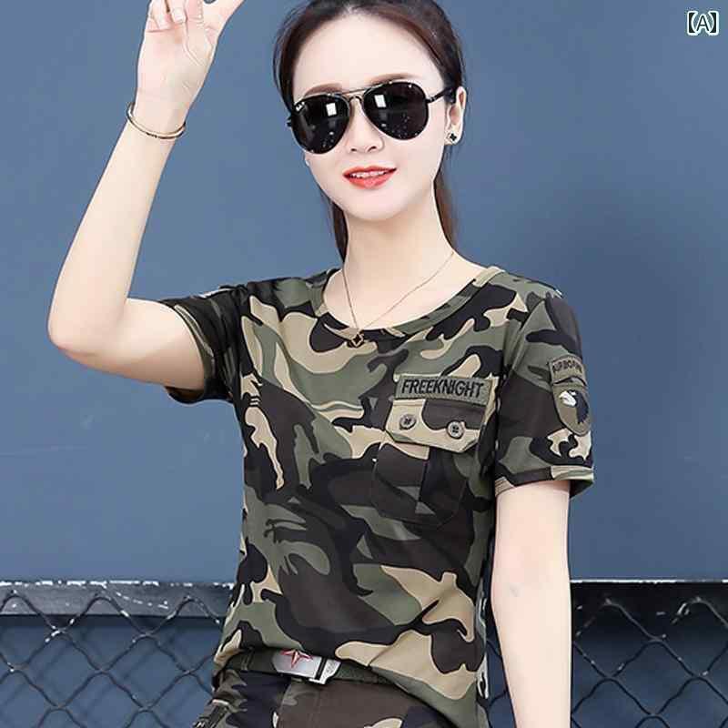迷彩 カモ柄 パンツ レディース 2025 夏 迷彩 スーツ 作業着 ラウンドネック 半袖 Tシャツ ショート パンツ 大きいサイズ スクエアダンス 服 レジャ...