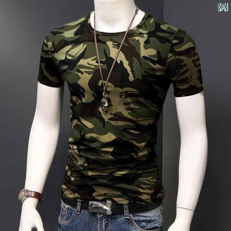 迷彩 カモ柄 パンツ 刺繍入り 綿 夏 薄手 迷彩 服 ミリタリーファン 半袖 半そで Tシャツ メンズ レディースの 軍事 トレーニング トップス
