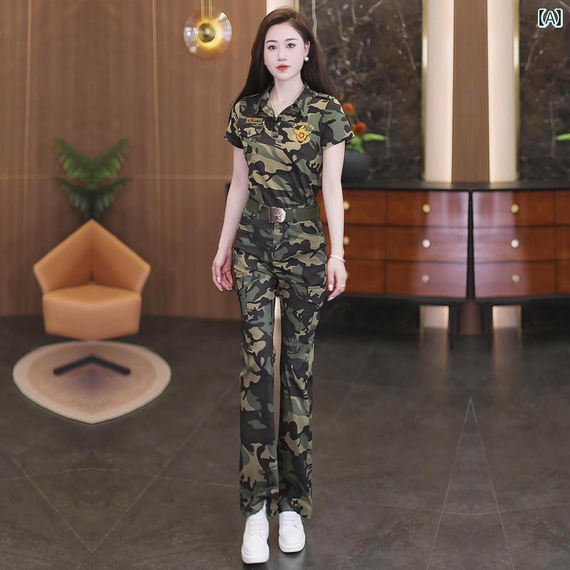 迷彩 カモ柄 パンツ 夏用 レディース 迷彩 スーツ スリムフィット ベルボトムパンツ セーラー ダンスコスチューム 半袖 オーバー オール ツーピース