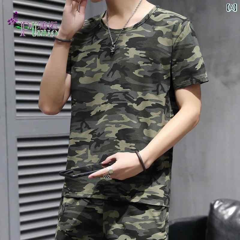 迷彩 カモ柄 パンツ ソリッドカラー 迷彩 中国 刺繍 半袖 t シャツ メンズ 綿 夏 スポーツ ベスト アン..