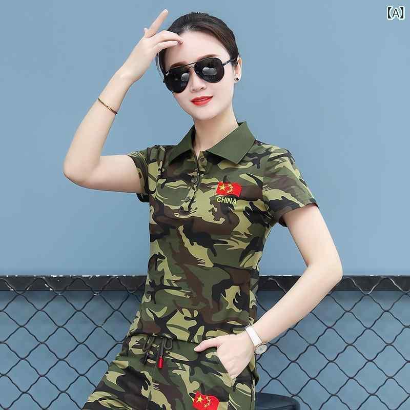 迷彩 カモ柄 パンツ 2025夏の 迷彩 セーラー ダンス 衣装 半袖 Tシャツ レディース 薄手 カジュアル トップス 細身 スリム