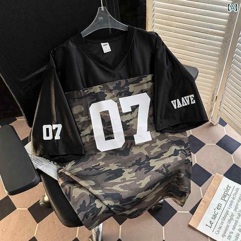 迷彩 カモ柄 パンツ 夏 薄手 迷彩 パッチワーク 半袖 Tシャツ メンズ Vネック アメリカン ストリート ..