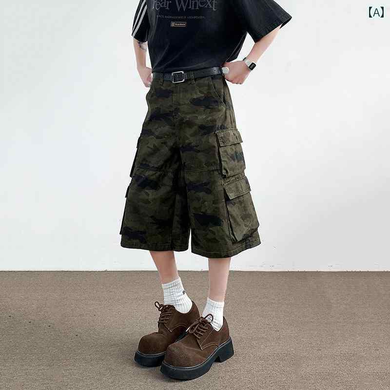 迷彩 カモ柄 パンツ 男の子用 夏用 アメリカン パンツ レトロ ビッグ ポケット 迷彩 クロップドパンツ ..