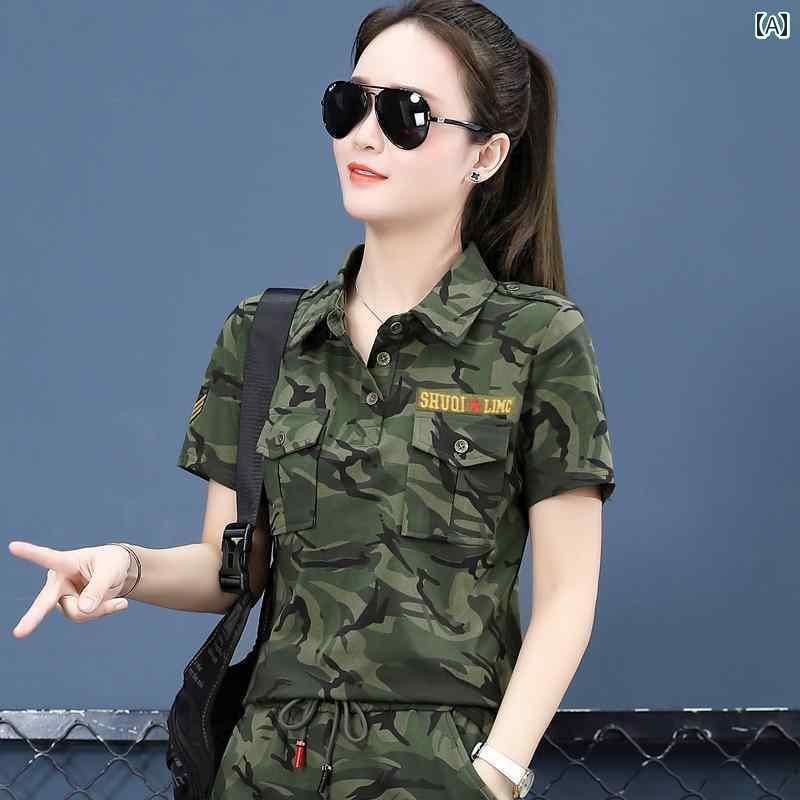 迷彩 カモ柄 パンツ スクエアダンス トップス 半袖 夏 薄手 ゆったり スリム セーラー ダンスウェア 迷彩 服 Tシャツ レディース