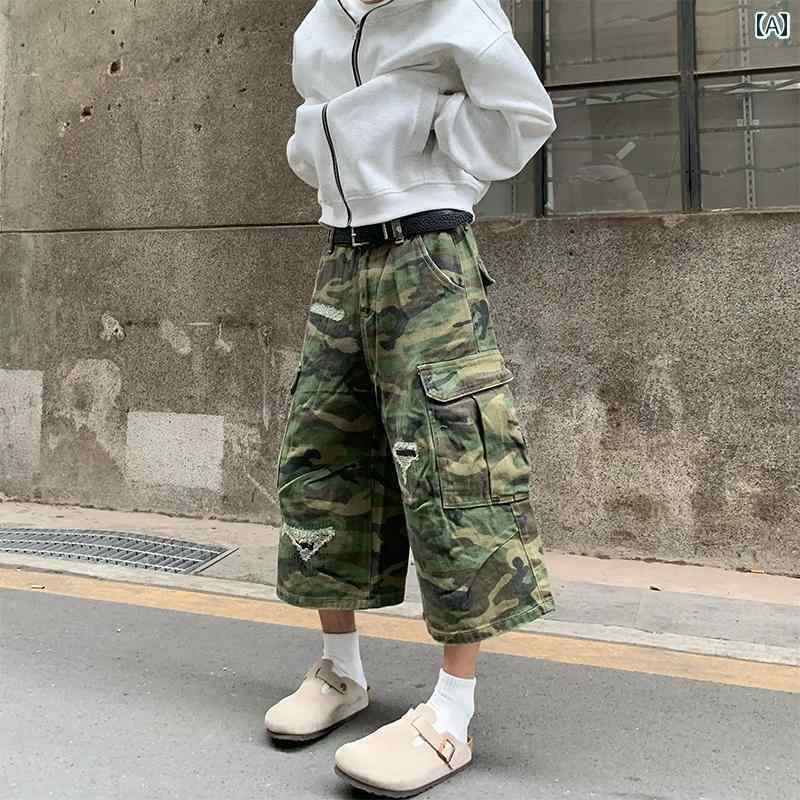 迷彩 カモ柄 パンツ アメリカン レトロ ウォッシュ 加工の ホール パッチ 迷彩 メンズ& レディースの 大きい ポケット 付き ショート パンツ ストリート...