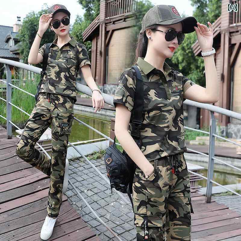 迷彩 カモ柄 パンツ ポロ カラー カジュアル スポーツ 迷彩 服 レディースファッション 夏 半袖 伸縮性 セーラー ダンス 衣装