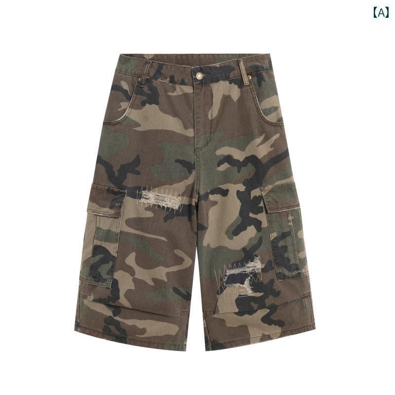 迷彩 カモ柄 パンツ アメリカン レトロ リップ ド パッチ カモフラージュ ワークウェア デニム ショート パンツ レディース 夏 ハイウエスト スリム ワイ...
