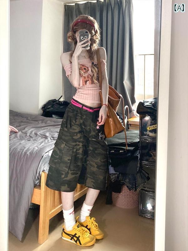 迷彩 カモ柄 パンツ 大きいサイズ ストリート シルエット 迷彩 マルチ ポケット デニムオーバーオール レディース 夏 ハイウエスト スリム ワイド レッグ ...