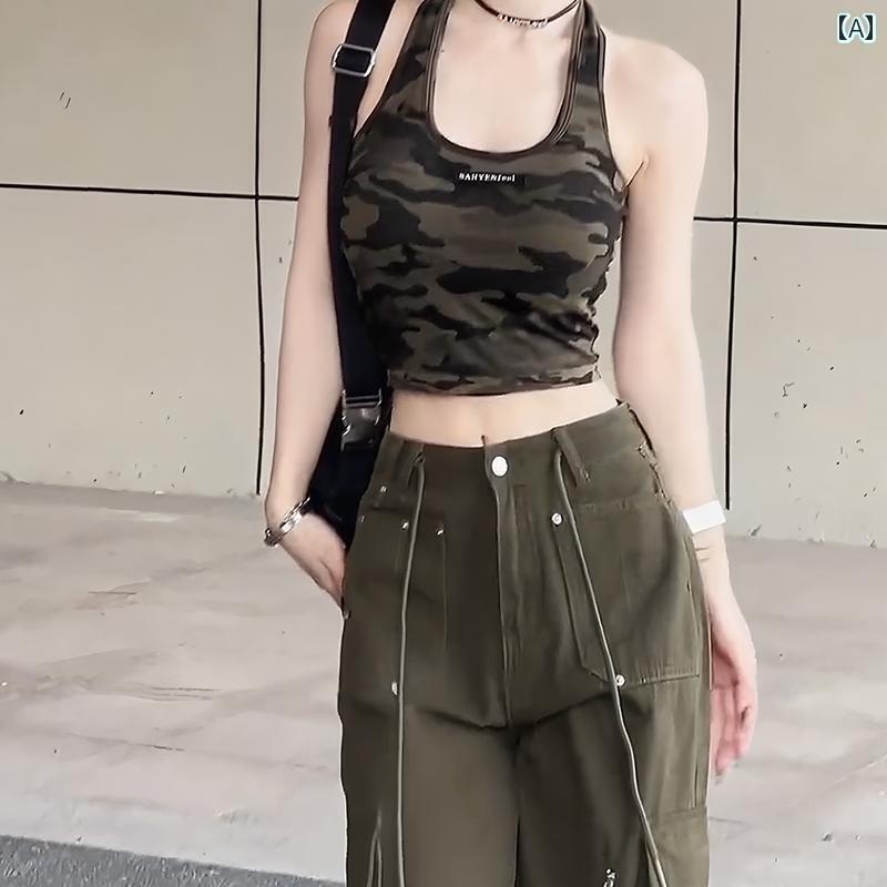 迷彩 カモ柄 パンツ アメリカン ホットティー ショート 迷彩 キャミソール レディース 夏服 インナーウェア 美しい バック ノースリーブトップ