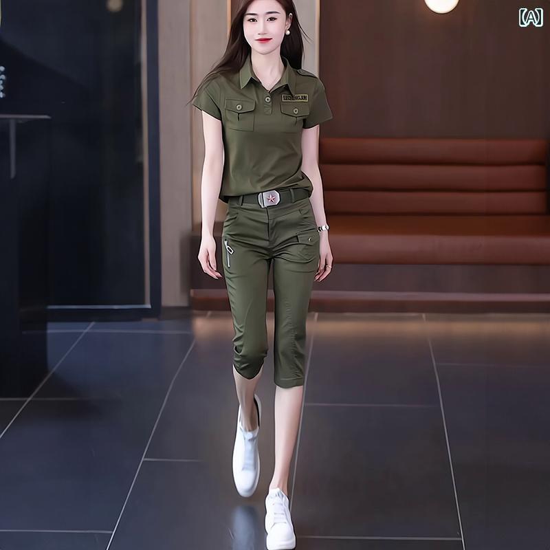 迷彩 カモ柄 パンツ 女性用 迷彩 スポーツ スーツ 2024夏の新 スタイルで スタイリッシュな スリム 薄手 半袖 クロップドパンツ ツーピース