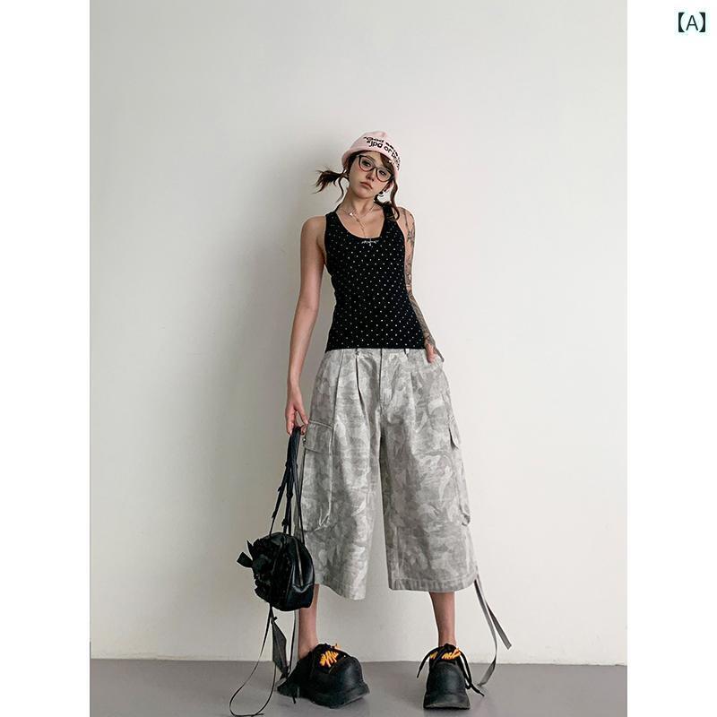 迷彩 カモ柄 パンツ 夏 アメリカン レトロ クールスタイル 迷彩 パンク カジュアル マルチ ポケット クロップドパンツ ワークウェア ビーチ パンツ レディ...