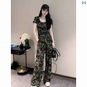 迷彩 カモ柄 パンツ レディースファッション 迷彩 カジュアル スーツ 2025 夏の スリム Tシャツ トップス ワイド レッグ パンツ