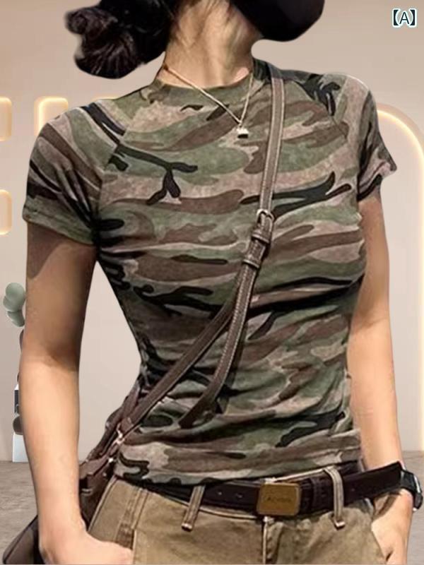 迷彩 カモ柄 パンツ 迷彩 ストレート ショルダー 綿 半袖 Tシャツ レディース 夏 2025新 スタイル ファッション かっこいい 韓国 ゆったり トップス
