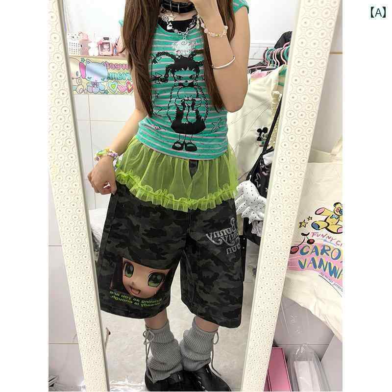 迷彩 カモ柄 パンツ アメリカン レトロ プリント ホット スタンプ 迷彩 クロップドパンツ レディース サマー ストリート ヒップ ホップ アジアン パンク ...