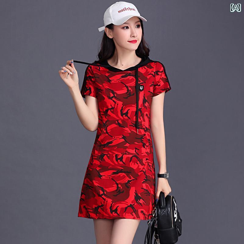 迷彩 カモ柄 パンツ 迷彩 ワンピース レディース サマー 2025年 韓国 ファッション ゆったり カジュアル スポーツ フード付き セーター ミディアム 丈...