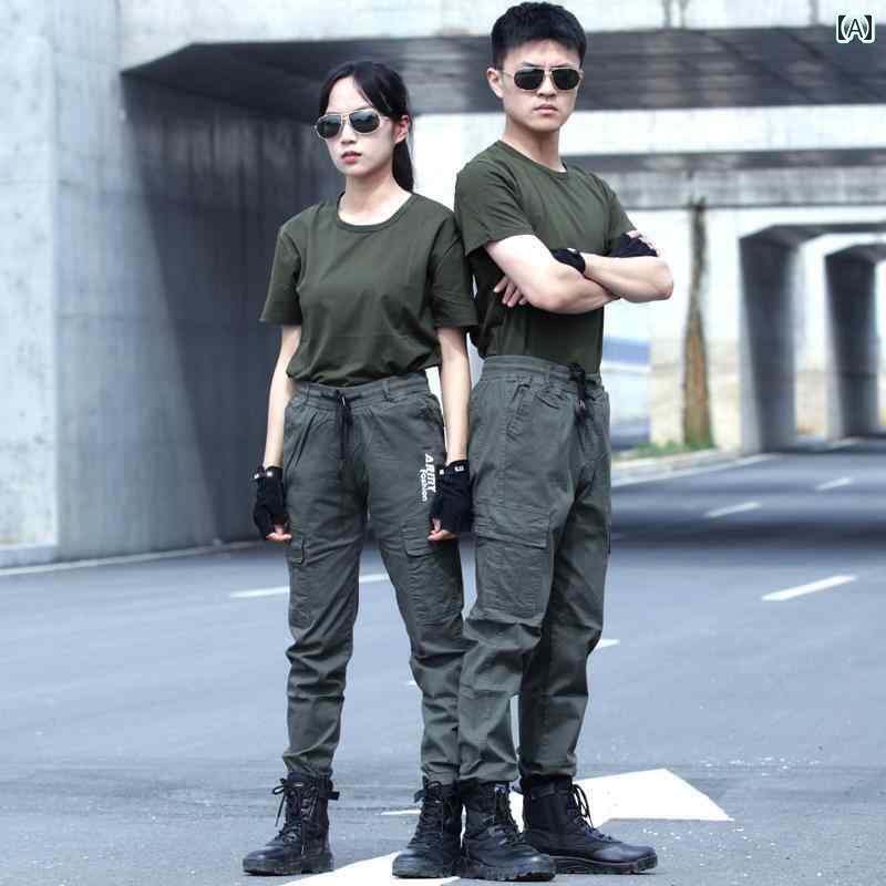 迷彩 カモ柄 パンツ メンズ レディースの 夏の 軍事 訓練 迷彩 スーツ 綿の 伸縮性の ある 通気性の 半袖 屋外 作業着 半袖の 戦術的な Tシャツ