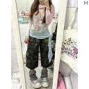 迷彩 カモ柄 ファッション 服 アメリカン レトロ グラフィティ チェーン プリント 迷彩 クロップドパンツ レディース サマー ヤ ビ パンク ポケット ワー...