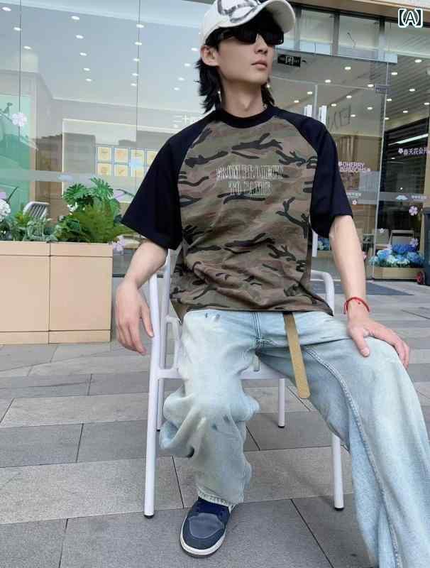 迷彩 カモ柄 ファッション 服 モールと 同じ スタイル アメリカン レトロ 綿 迷彩 パッチワーク 半袖 T..