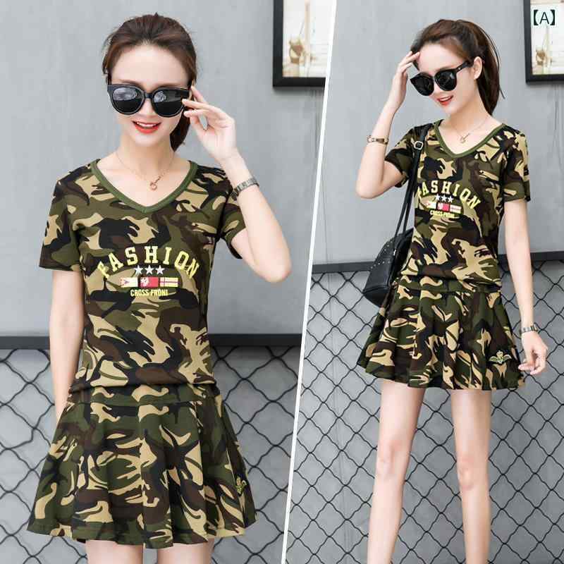 迷彩 カモ柄 ファッション 服 ファッション 迷彩 ショート スカート スーツ レディース 夏 半袖 Tシャツ アウトドア レジャー セーラー ダンス ツーピー...