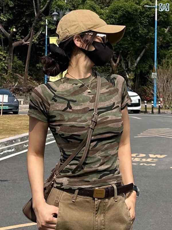 迷彩 カモ柄 ファッション 服 アメリカン カモフラージュ 半袖 レディース Tシャツ 2025 夏 ハイエンド インナーレイヤリング シャツ タイトフィット ...