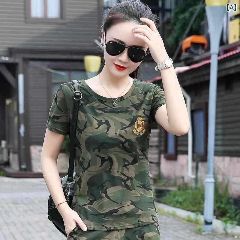 迷彩 カモ柄 ファッション 服 迷彩 スーツ レディース ショート パンツ 2025 夏 ラウンドネック 半袖 アウトドア レジャー セーラー ダンス ツーピー...
