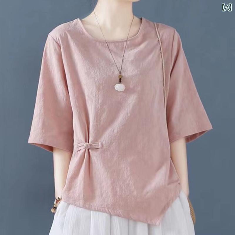 レディース トップス ホワイト カラーの 兄弟の レトロ 綿 麻の ボタン Tシャツ 女性 2025 夏の 個性的な ゆったり スタイリッシュな リネン トップ(4.0)