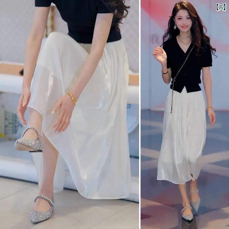 スカート プリーツスカート ショートスカート アセテート スカート レディース 2025 夏 ロング ストリーマー ヤーン フェアリーの ドレープ aライン プリーツスカート