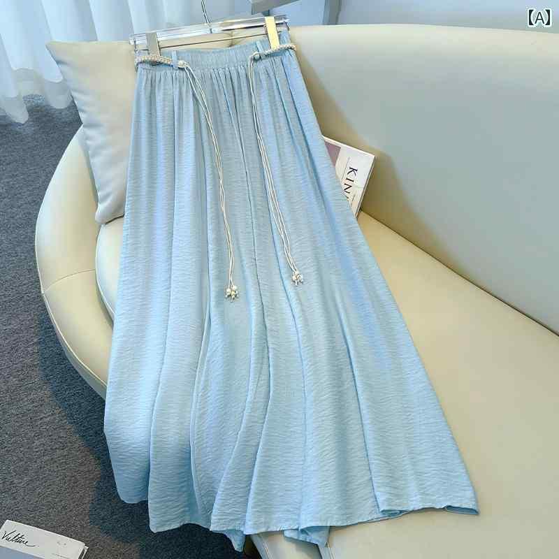 スカート プリーツスカート ショートスカート ブルー コットン＆ リネン プリーツスカート ロング レディース 2025夏の aライン アンブレラ スカート