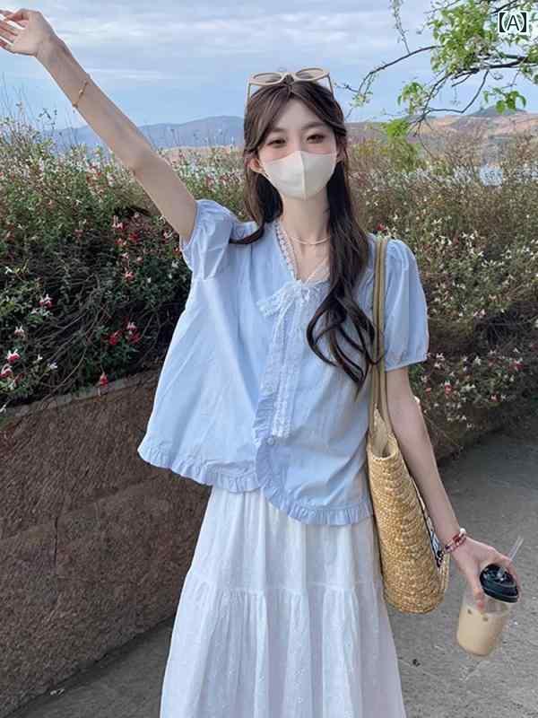 レディース トップス シャツ スカイブルーの コットンと リネンの トップス 2025夏の レディース フレンチ プチ ベビー ドール シャツ スカート 付き スモール