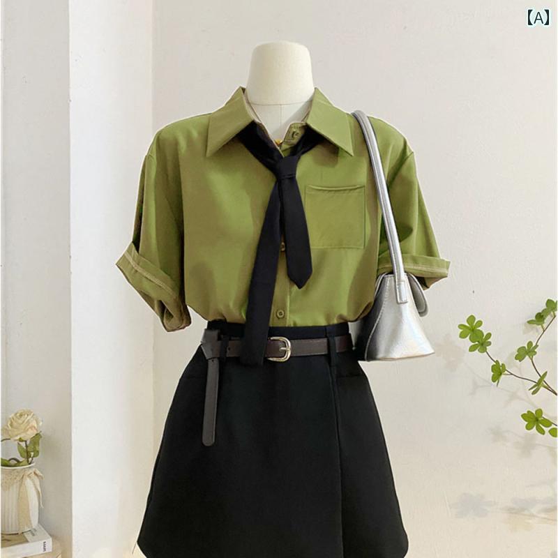 レディース トップス シャツ アボカド グリーンの 不規則な 裾のの レトロ 半袖 ネクタイ シャツ レディース 夏の トップス