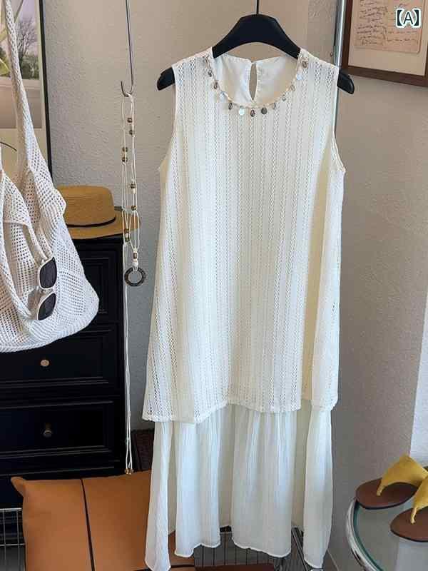 レディース ワンピース かわいい ノースリーブベスト ドレス レディース 2025夏 スイート フェイク ツーピース ステッチ ボヘミアン ロング スカート