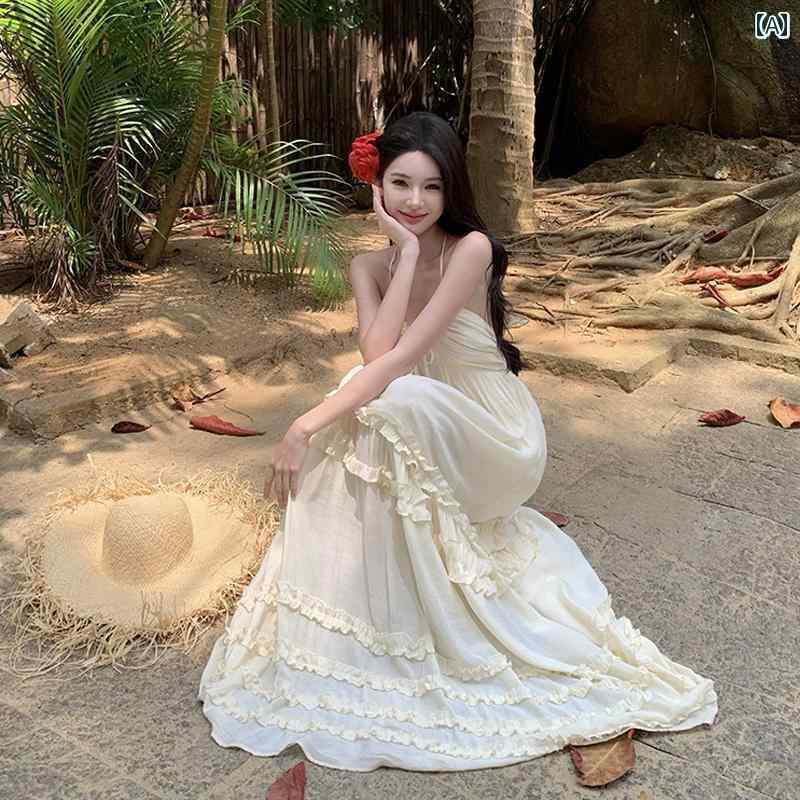 ワンピース ロングワンピース マキシワンピース 背中が 大きく 開いた ビーチ ドレス ストラップ 付き ..