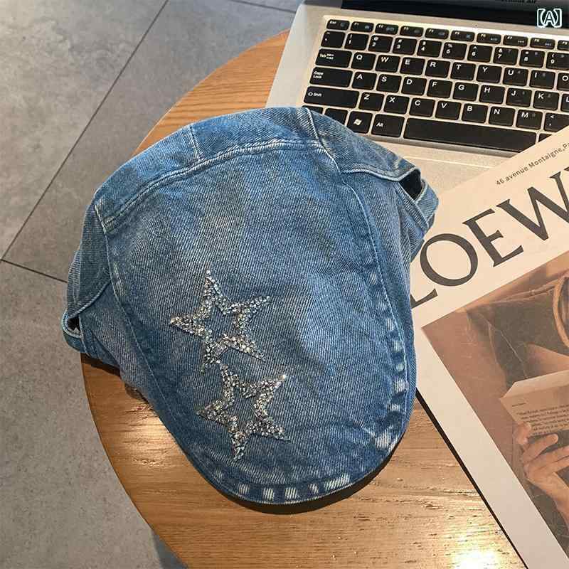 キャップ デニム ウィッシュ 加工 の 古風 ウォッシュデニム スター フォワード ハット 女性 レトロ ア..
