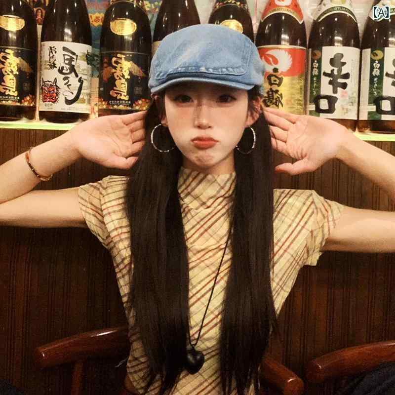 キャップ デニム ウィッシュ 加工 ウォッシュ 加工 デニムの ベレー 帽。 夏に 女性用。 レトロ 万能 ..