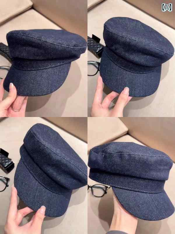 キャップ デニム ウィッシュ 加工 大きめの 頭囲の 英国 風 レトロ ダーク デニム ベレー 帽 フラット ..
