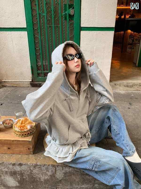 レディース トップス パーカー チーズ ウサギの グレー フード付き スウェットシャツ レディース セン..