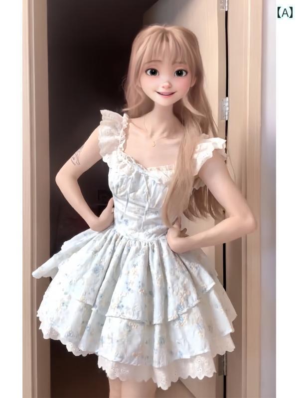 ワンピース ロング マキシ丈 桜 織りの 花の 羽の 小さい フライング スリーブの 優しい 花柄 ドレス レディース 夏の 美しい プリンセス ティアードスカート ウエスト ふくらんだ スカート