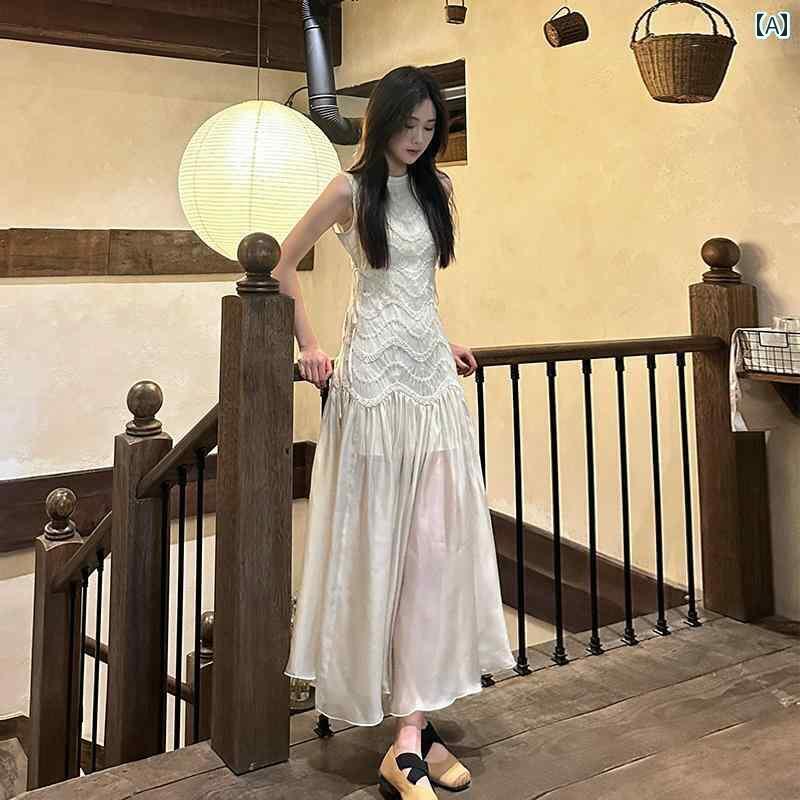 ワンピース ロング マキシ丈 フランスの 重厚な ノースリーブベスト ドレス 女性 2025夏の レース スカート ウエスト ステッチ