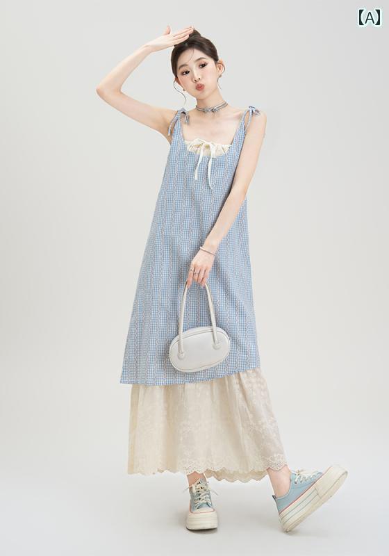 ワンピース ロング マキシ丈 レディース 青い フェイク ツーピースの 対照的な チェック 柄 パッチワーク ドレス 夏の スタイル 小さい サイズ スリミングと 肉を カバー する サスペンダー ロング スカート