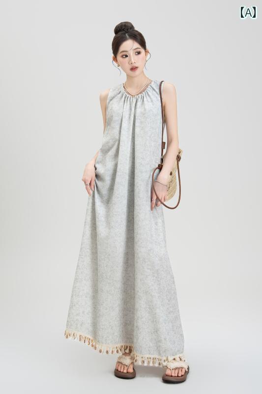 ワンピース ロング マキシ丈 ライト グレーの ボヘミアン 風 ノースリーブの タイ ダイ 柄 ワンピース。 レディース 夏 ゆったり スリム タッセル ベスト ロング スカート。