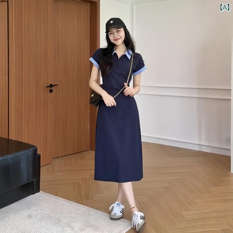 ワンピース ロング マキシ丈 大きいサイズ スカート 韓国 の ポロ カラー ドレス レディース 細身 太め mm ハイウエスト スリム ウエスト ロング