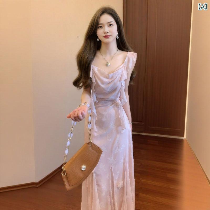 ワンピース ロング マキシ丈 2025夏 美しい スイートな ミニ スカート フレンチスタイル ハイエンドな 雰囲気 スイング カラー スリムフィット ヒップ ドレス